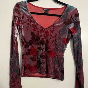 Moda International Red and Black Velvet Floral Blouse